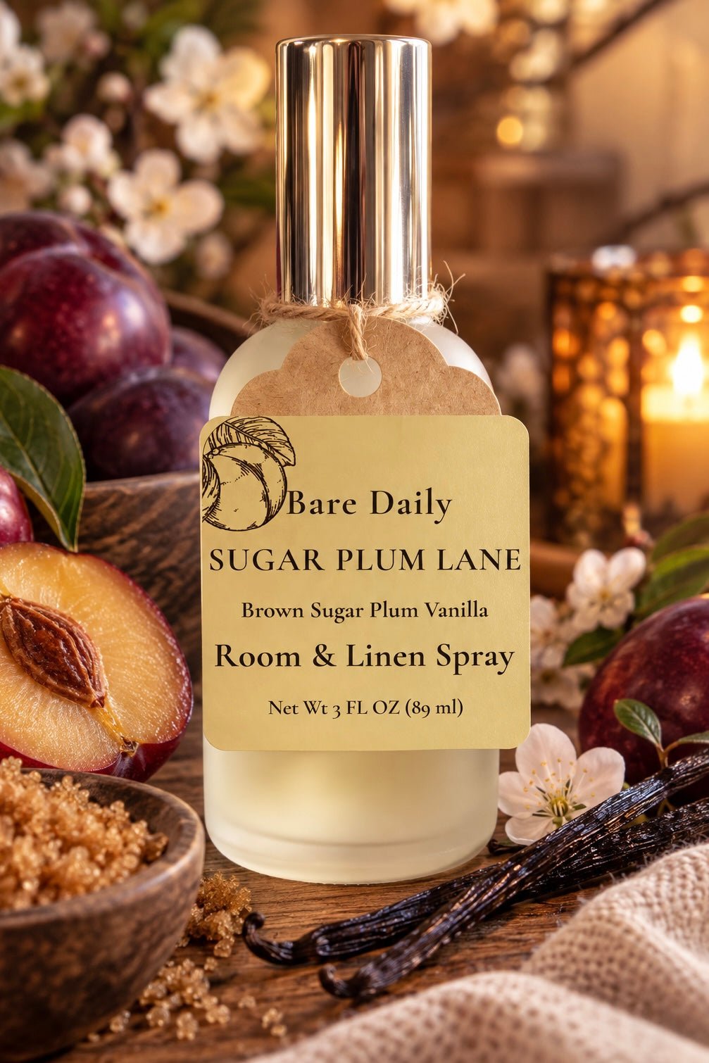 A bottle of Bare Daily Sugar Plum Lane room and linen spray, styled with plums, a sliced plum, brown sugar, vanilla beans, and a lit candle on a rustic wooden surface.