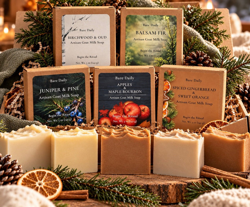Bare Daily holiday artisan goat milk soap bundle pack featuring festive scents like Balsam Fir, Juniper & Pine, and Spiced Gingerbread.
