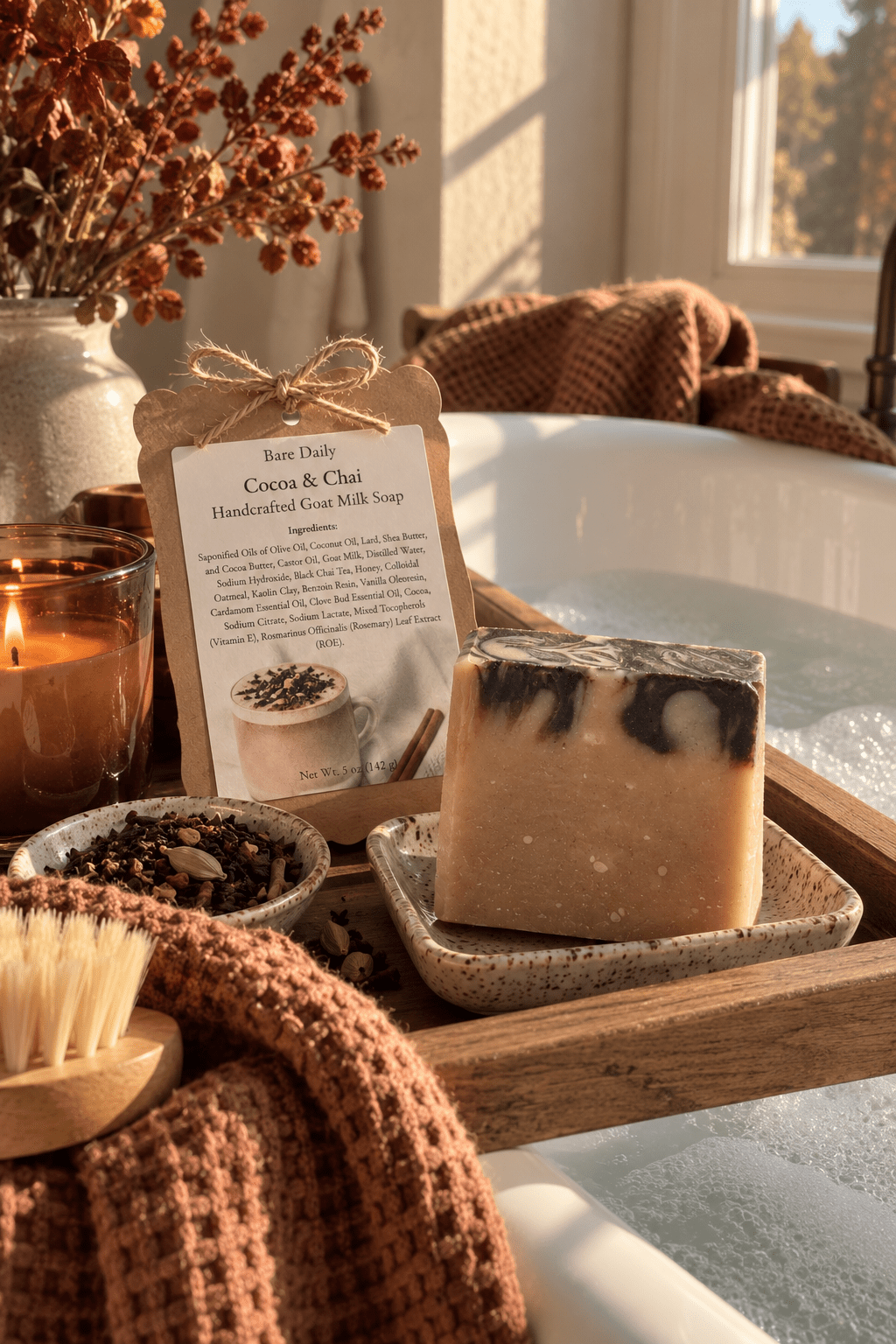A handmade soap bar with dark swirls sits on a wooden tray beside its kraft paper packaging tag, styled in a warm bathroom scene with a candle, dried flowers, a towel, and a bathtub.