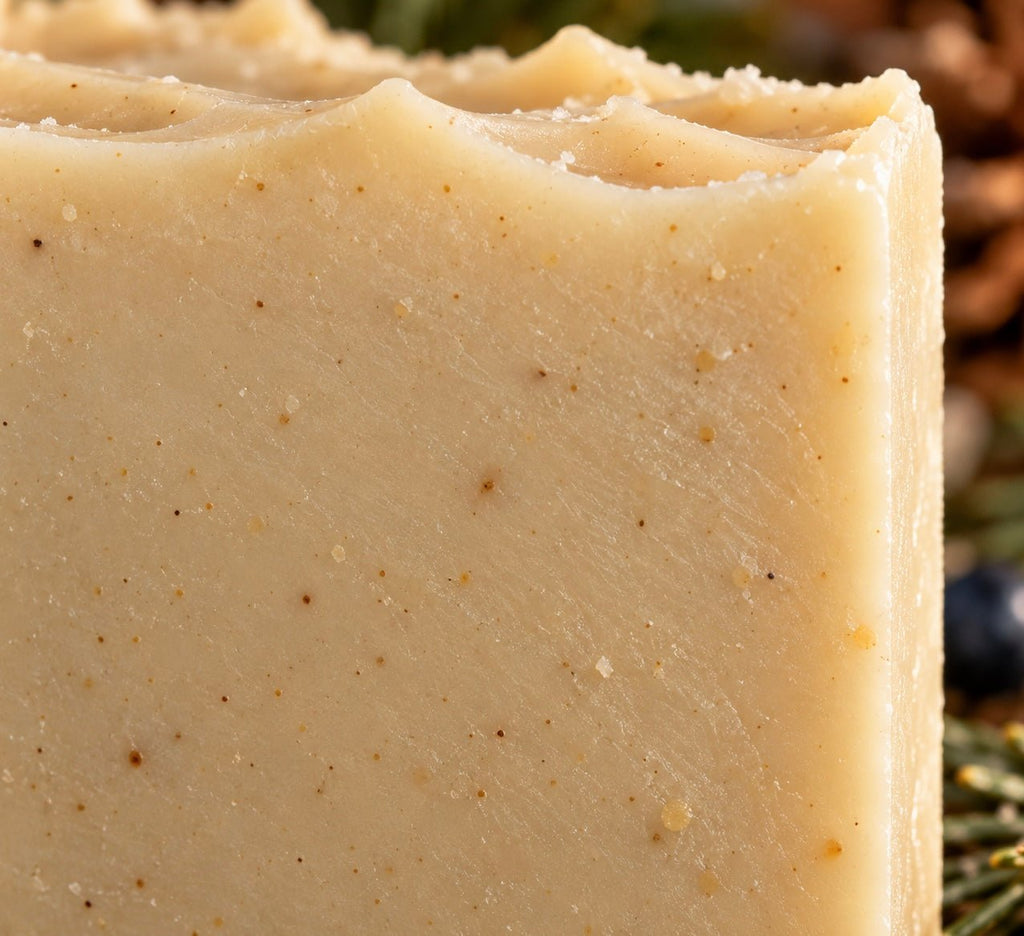 Extreme close-up texture of Bare Daily Oatmeal Milk & Honey Artisan Goat Milk Soap bar showing finely ground colloidal oats and a wavy, textured top edge.
