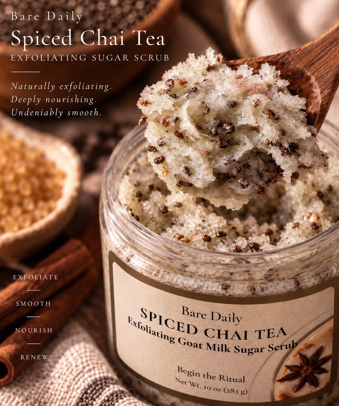Close up texture shot of a Bare Daily Spiced Chai Tea Exfoliating Goat Milk Sugar Scrub being scooped out of a jar with a wooden spoon.