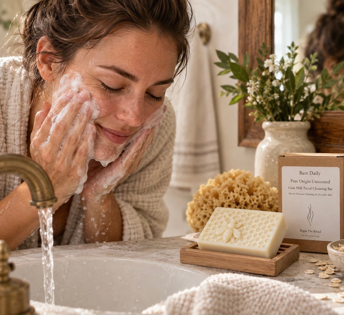 A woman with foaming face wash lather leans over a bathroom sink while water runs from a brass faucet. In the foreground, a bar of honeycomb-patterned facial cleansing bar sits on a wooden soap dish next to a box labeled Bare Daily Pure Organic Unscented Goat Milk Facial Cleansing Bar.