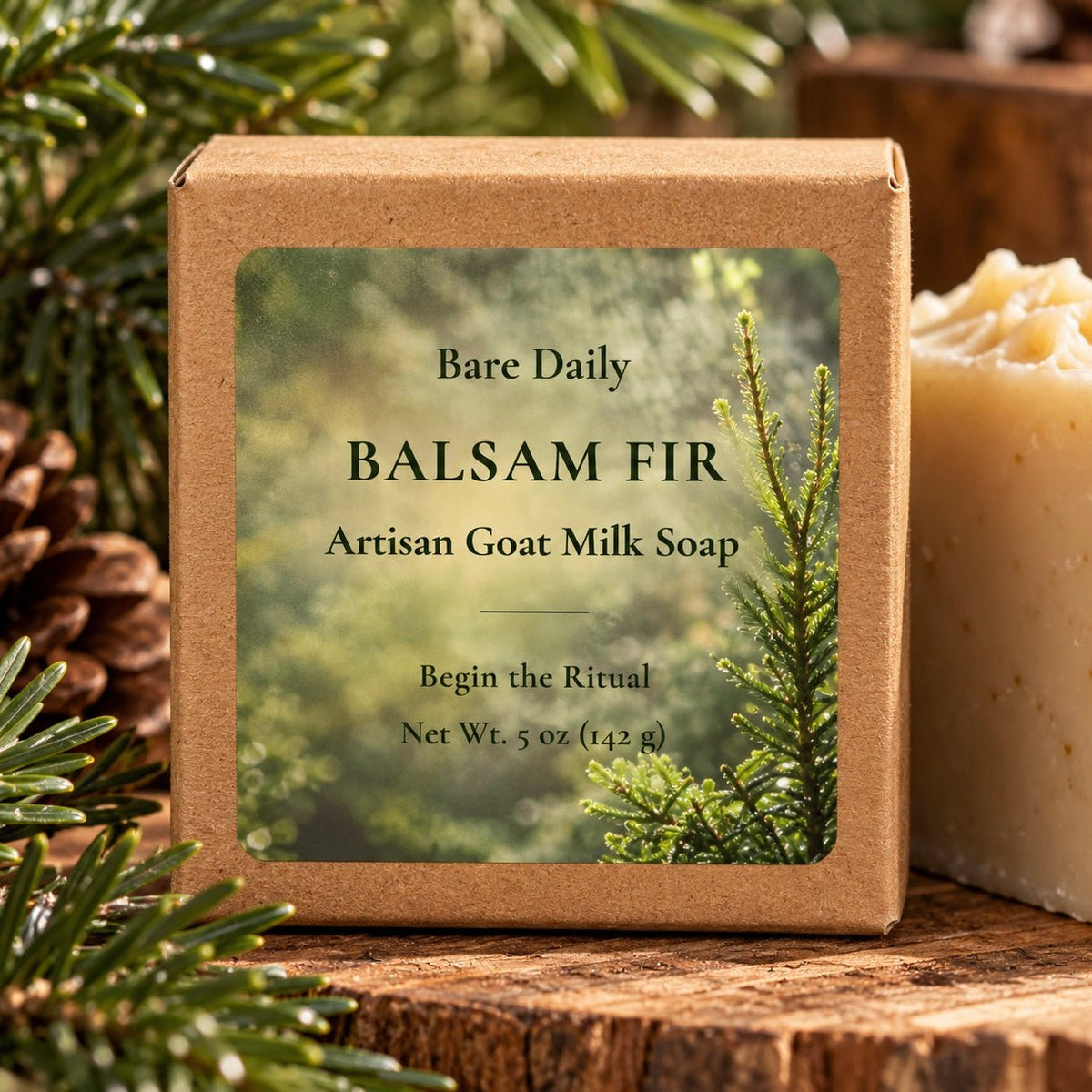 Bare Daily Balsam Fir Artisan Goat Milk Soap bar in kraft paper box packaging with evergreen tree illustration design.