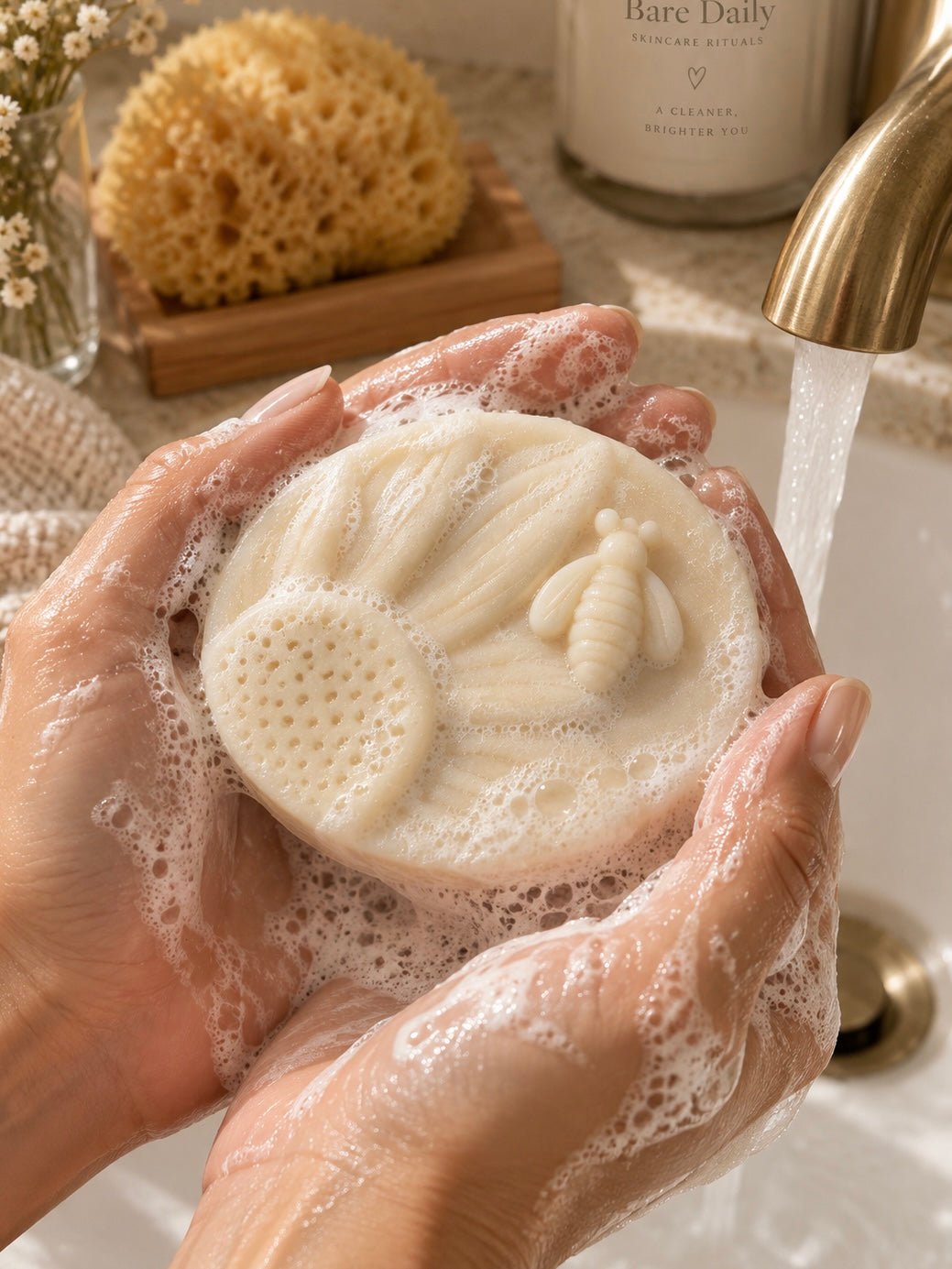 A close-up of hands lathering a round, textured handmade syndet goat milk facial cleansing bar under running water from a gold faucet. The soap features embossed floral and bee designs.