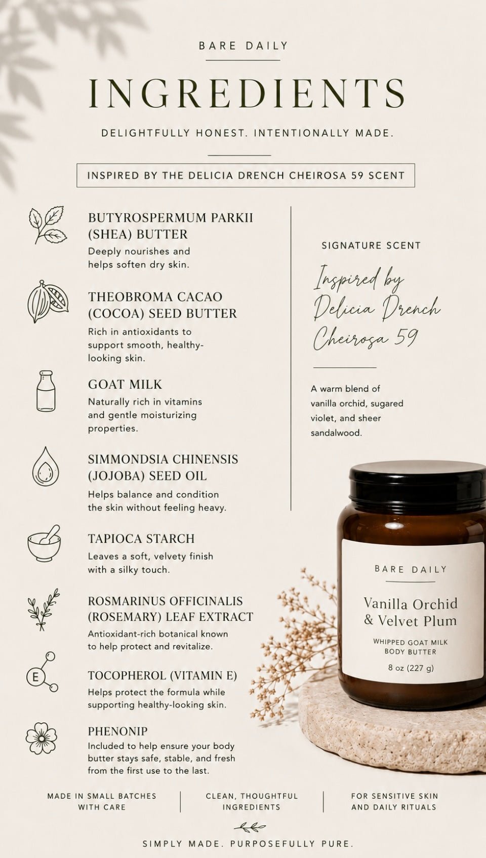 Bare Daily Vanilla Orchid & Velvet Plum Whipped Goat Milk Body Butter ingredient list featuring shea butter, cocoa seed butter, goat milk, jojoba oil, tapioca starch, rosemary extract, vitamin E, and phenonip