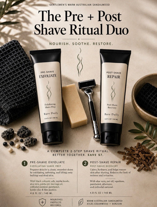 (hero duo infographic, both tubes + razor + shave bar flat lay) Bare Daily Heritage Grooming Duet — Gentlemen's Warm Australian Sandalwood Pre + Post Shave Ritual Duo infographic showing Exfoliating Shave Prep and Post-Shave Recovery tubes flanking a safety razor and shave bar, styled with volcanic rock, sandalwood, and a black waffle towel — "Nourish. Soothe. Restore. Save $7."