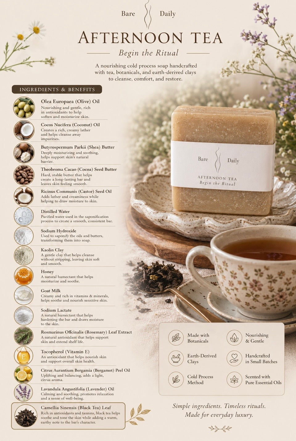 Afternoon Tea Lard & Goat Milk Soap | Refined Black Tea & Bergamot Lard Bar Soap