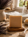  (bar on wood soap dish, bathroom scene with candle, lavender, razor) Bare Daily Bulgarian Lavender Shaving Bar on a wooden soap dish styled with dried lavender, a lit candle, a safety razor, and a bubble-filled bathtub in the background
