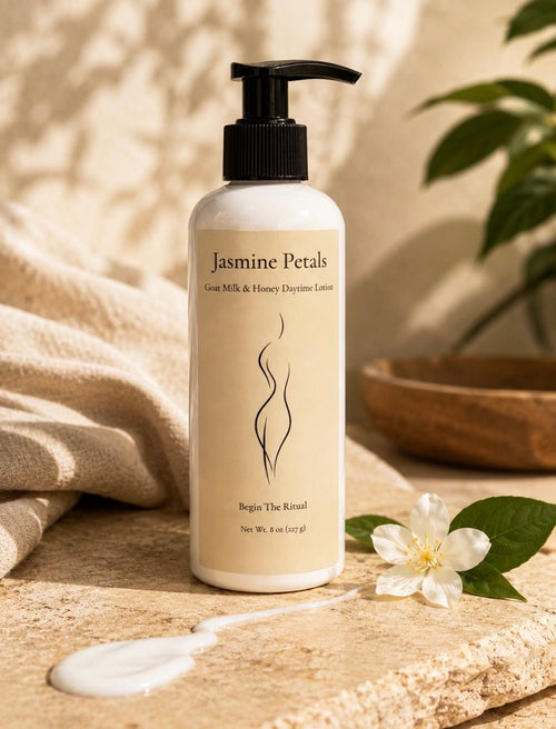 Lotion bottle labeled 'Jasmine Petals' on a wooden surface with a plant in the background
