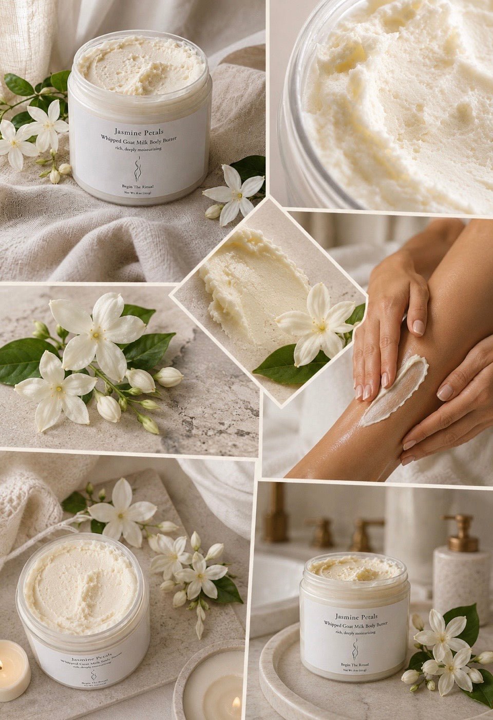 Collage of a skincare product with flowers and hands applying cream.