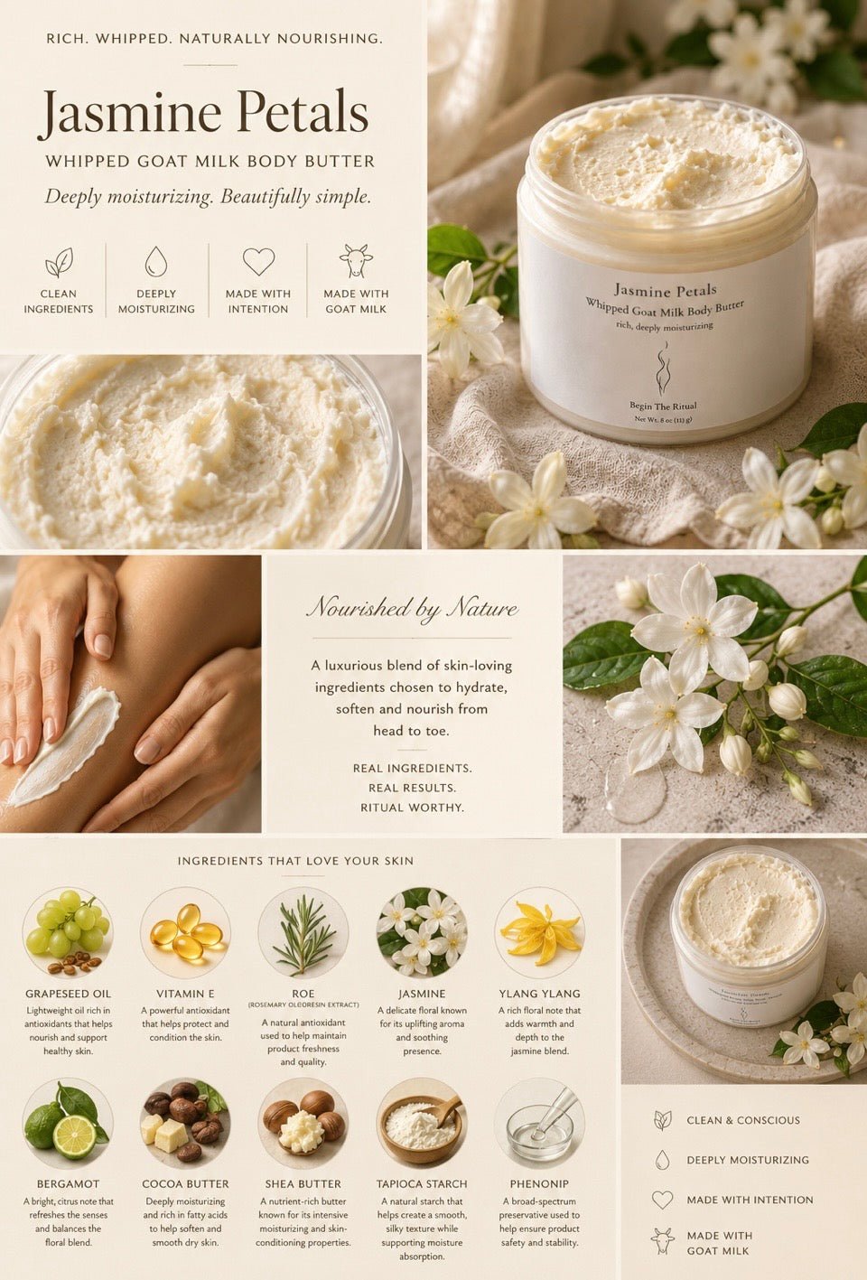 Jasmine Petals whipped goat milk body butter with product display and ingredients list.