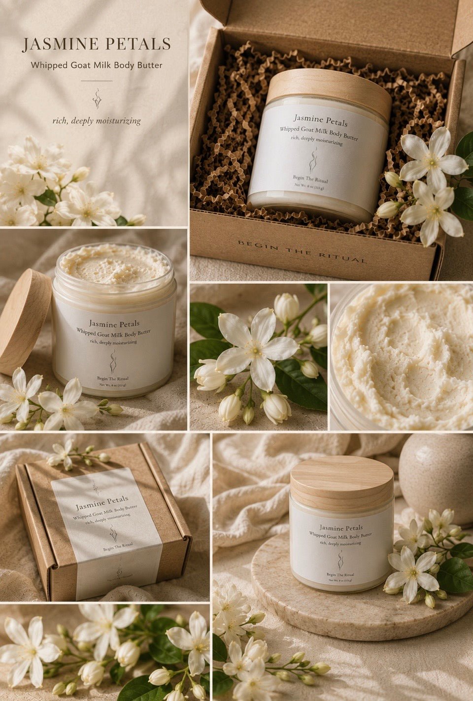 Collage of Jasmine Petals whipped goat milk body butter with packaging and flowers.