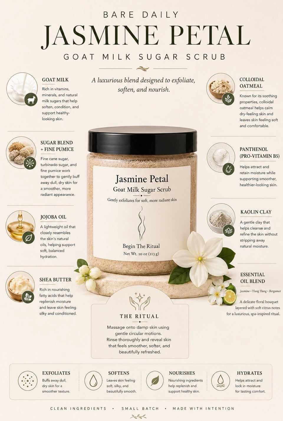 Jasmine Petals Goat Milk Sugar Scrub | Exfoliating Body Scrub with Bergamot & Ylang Ylang | 10 oz