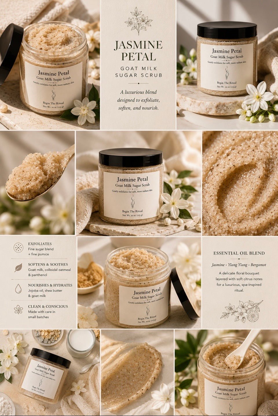 Collage of Jasmine Petal Goat Milk Sugar Scrub with product packaging, ingredients, and usage instructions.