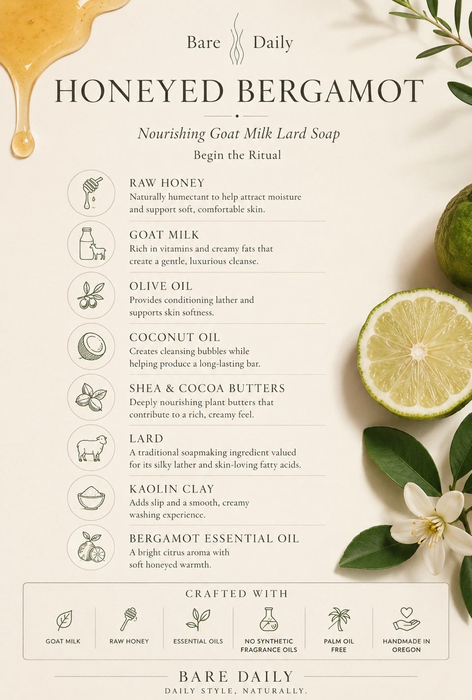 Honey Bergamot Heritage Soap | Traditional Lard Soap with Goat Milk & Honey