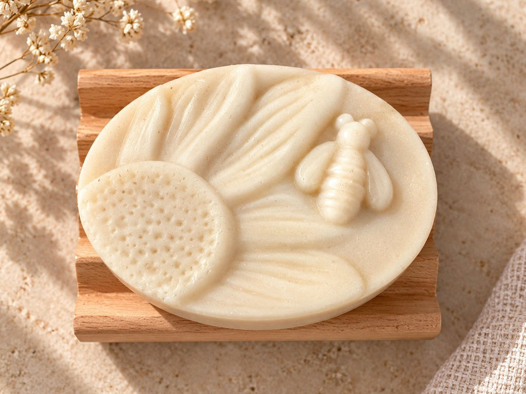 A round handmade goat milk syndet facial cleansing bar with embossed botanical and bee designs, resting on a wooden self-draining soap dish over a sandy surface with dried flowers in the corner.