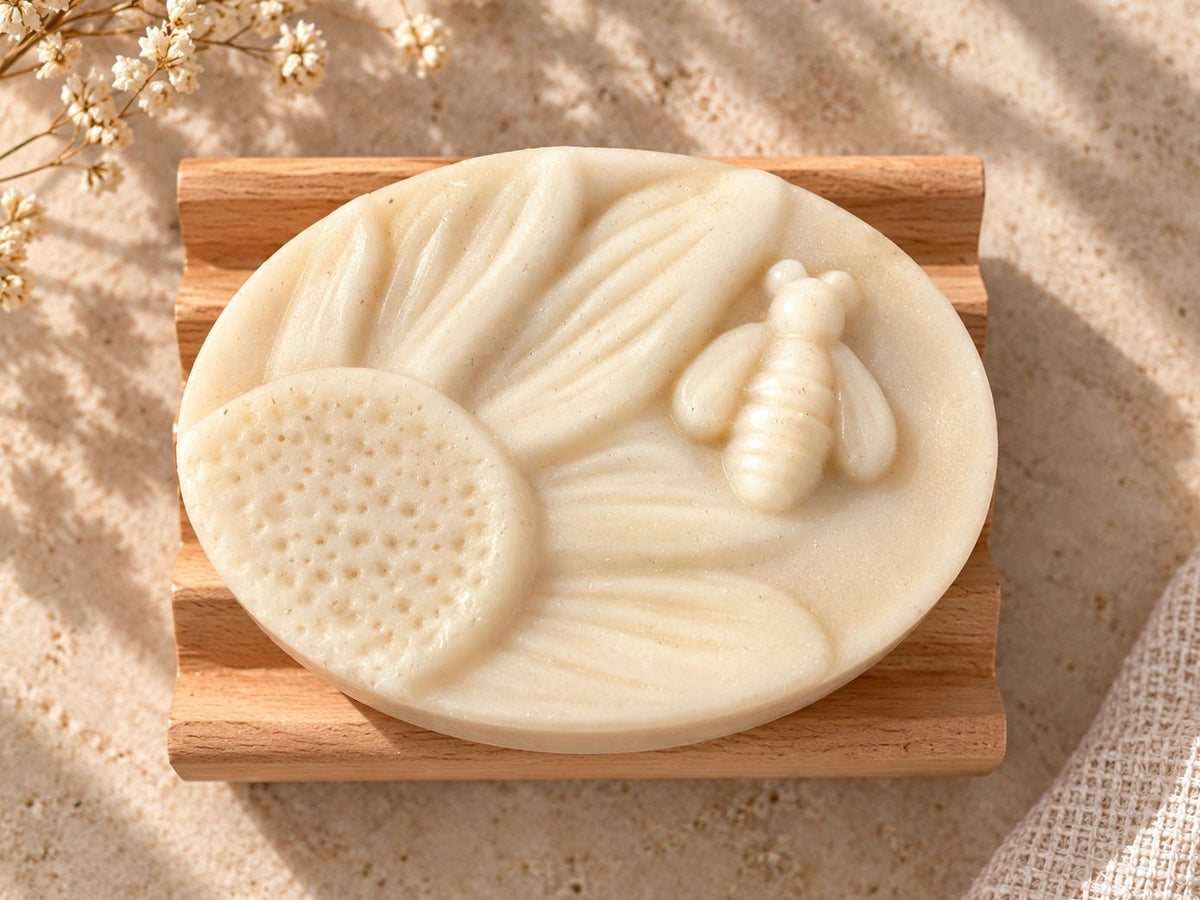 A round handmade goat milk syndet facial cleansing bar with embossed botanical and bee designs, resting on a wooden self-draining soap dish over a sandy surface with dried flowers in the corner.