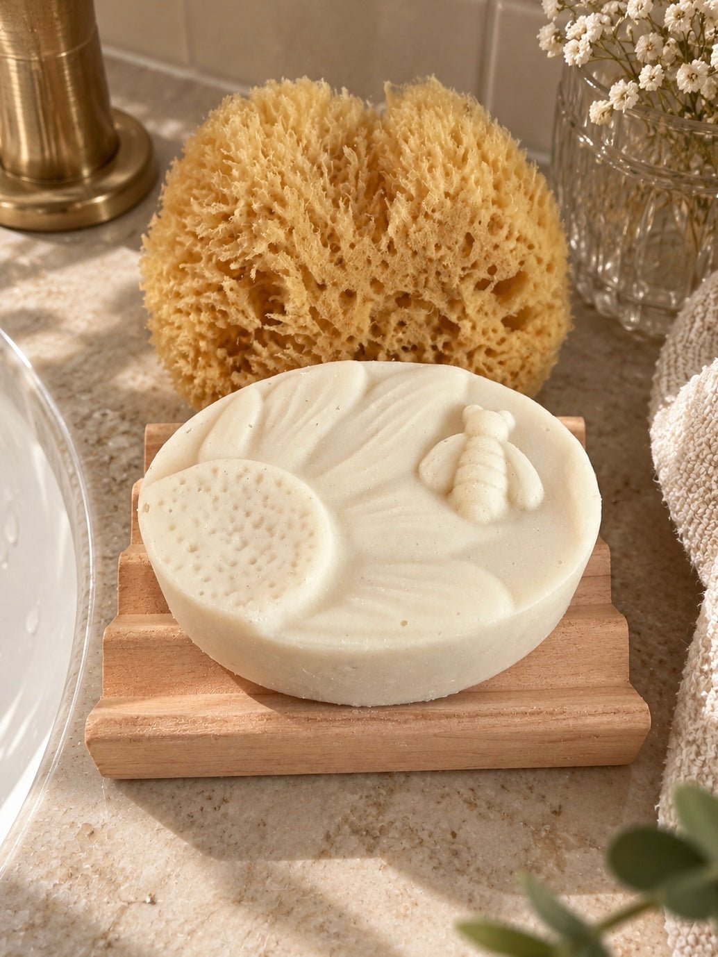 A round off-white syndet goat milk facial cleansing bar by Bare Daily with embossed leaf and bee details, displayed on a small wooden self-draining soap dish on a beige stone countertop, with a natural sea sponge and bath accessories in the background.