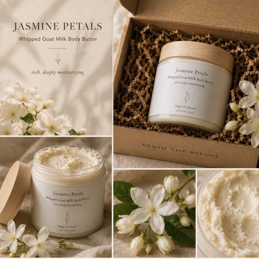 Jasmine Petals whipped goat milk body butter shown in a collage with white jasmine flowers, an open kraft gift box, the jar lid, and a close-up of the creamy product texture.