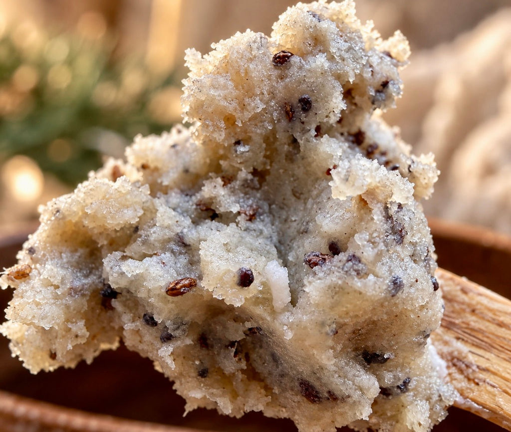 Close-up texture of Bare Daily Spiced Chai Tea exfoliating goat milk sugar scrub highlighting natural sugar crystals and botanical exfoliants.